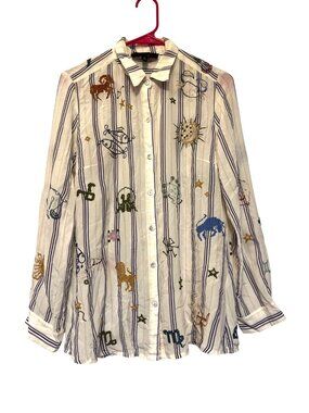 Johnny Was Workshop Ariana Silk Button-Back Shirt Zodiac Embroidery Striped XS